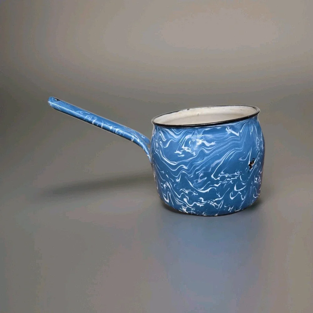 Vintage Blue White Swirl Graniteware Enamel Saucepan Nesting Pot Set of 2 +Spoon